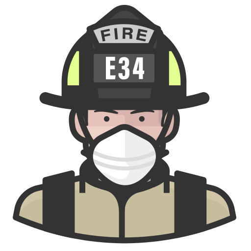 Coronavirus, firefighter, male, n-95 mask, white icon
